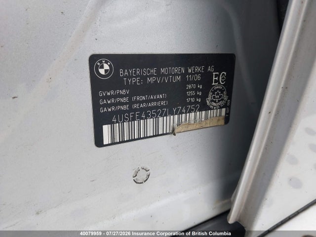 Продаж на аукціоні авто 2007 Bmw X5, vin: 4USFE43527LY74752, номер лоту: 40079959