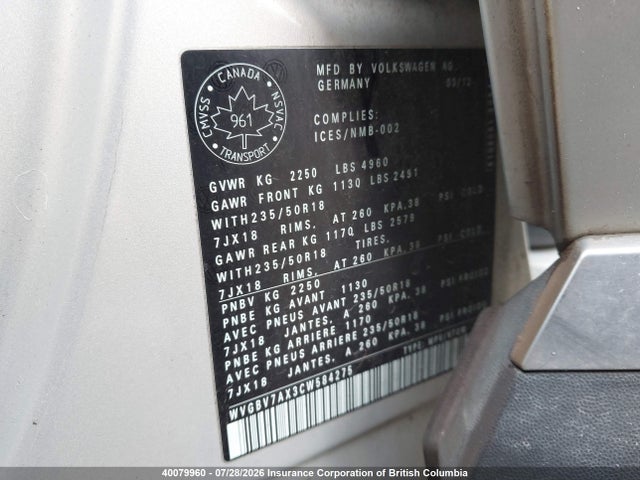 Продаж на аукціоні авто 2012 Volkswagen Tiguan S/se/sel, vin: WVGBV7AX3CW584275, номер лоту: 40079960