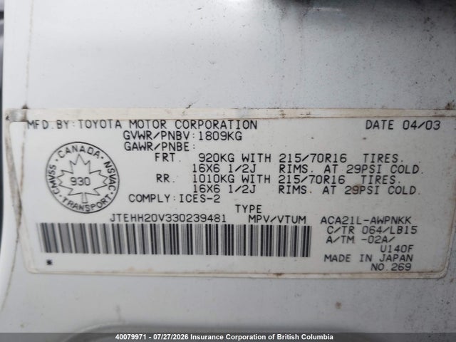 Продаж на аукціоні авто 2003 Toyota Rav4, vin: JTEHH20V330239481, номер лоту: 40079971