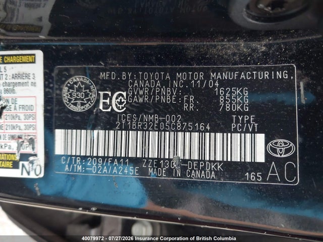 Aukcja sprzedaży 2005 Toyota Corolla Ce/le/s, vin: 2T1BR32E05C875164, numer aukcji: 40079972