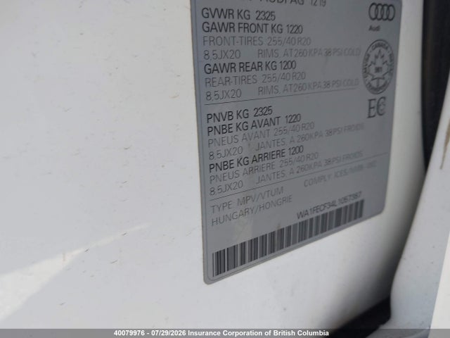 40079976 :رقم المزاد ، WA1FECF34L1057387 vin ، 2020 Audi Q3 مزاد بيع