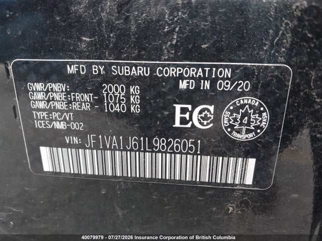 Продаж на аукціоні авто 2020 Subaru Wrx, vin: JF1VA1J61L9826051, номер лоту: 40079979