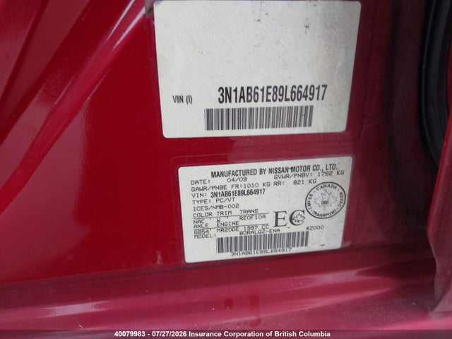 Aukcja sprzedaży 2009 Nissan Sentra 2.0/2.0s/2.0sl, vin: 3N1AB61E89L664917, numer aukcji: 40079983