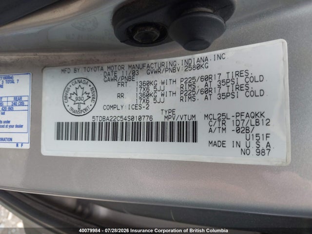 Продаж на аукціоні авто 2004 Toyota Sienna Xle/xle Limited, vin: 5TDBA22C54S010776, номер лоту: 40079984