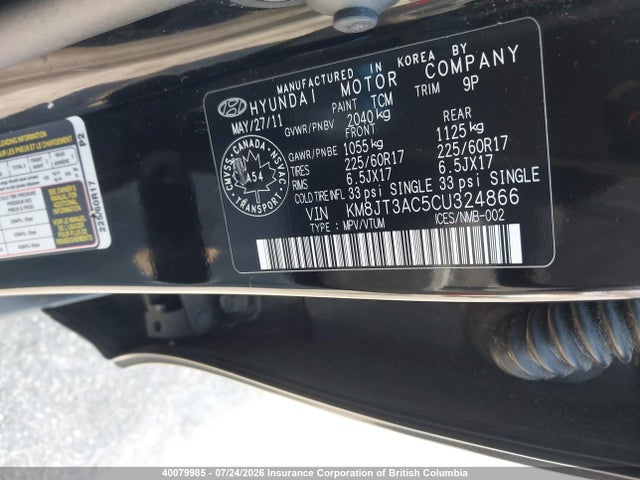 Aukcja sprzedaży 2012 Hyundai Tucson Gl, vin: KM8JT3AC5CU324866, numer aukcji: 40079985