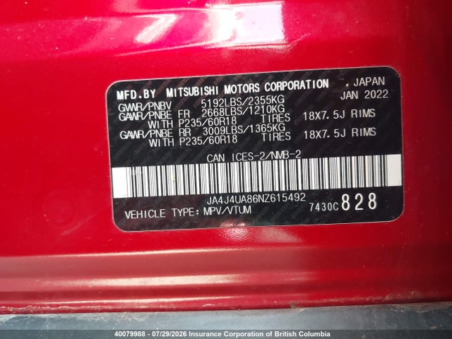 JA4J4UA86NZ615492 Mitsubishi Outlander Se/black Edition