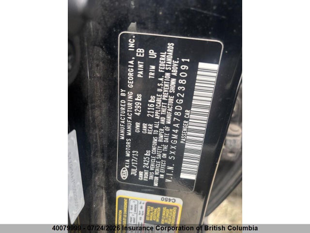 40079999 :رقم المزاد ، 5XXGM4A78DG238091 vin ، 2013 Kia Optima Lx مزاد بيع