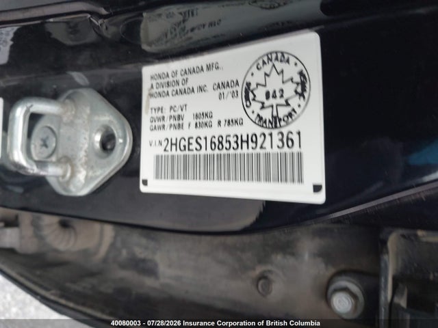 Продаж на аукціоні авто 2003 Honda Civic, vin: 2HGES16853H921361, номер лоту: 40080003