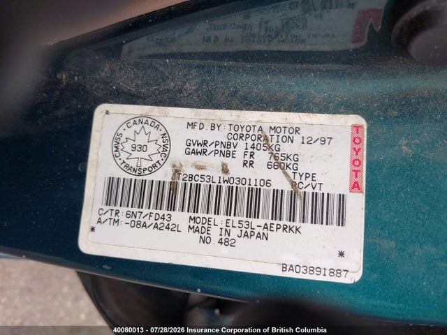 Продажа на аукционе авто 1998 Toyota Tercel Ce, vin: JT2BC53L1W0301106, номер лота: 40080013