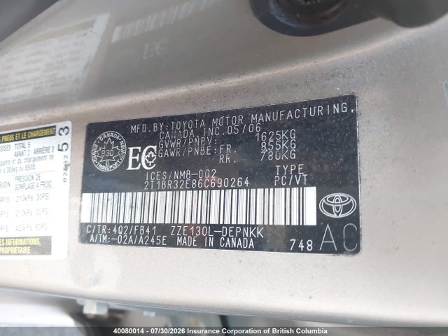 40080014 :رقم المزاد ، 2T1BR32E86C690264 vin ، 2006 Toyota Corolla Ce/le/sport مزاد بيع