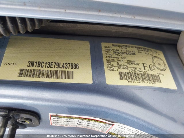 2009 Nissan Versa მანქანა იყიდება აუქციონზე, vin: 3N1BC13E79L437686, აუქციონის ნომერი: 40080017