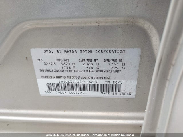 Aukcja sprzedaży 2008 Mazda 3 I, vin: JM1BK32F381124226, numer aukcji: 40076696