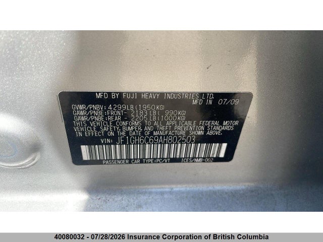 Auction sale of the 2010 Subaru Impreza 2.5i, vin: JF1GH6C69AH802503, lot number: 40080032