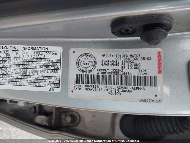 Aukcja sprzedaży 2002 Toyota Camry, vin: JTDBE32K920116634, numer aukcji: 40080039