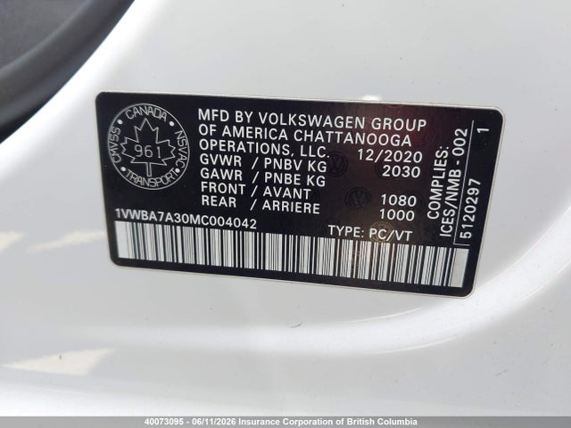 2021 Volkswagen Passat Highline მანქანა იყიდება აუქციონზე, vin: 1VWBA7A30MC004042, აუქციონის ნომერი: 40073095