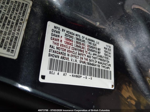 Aukcja sprzedaży 2004 Honda Odyssey Exl, vin: 5FNRL18084B041153, numer aukcji: 40073788