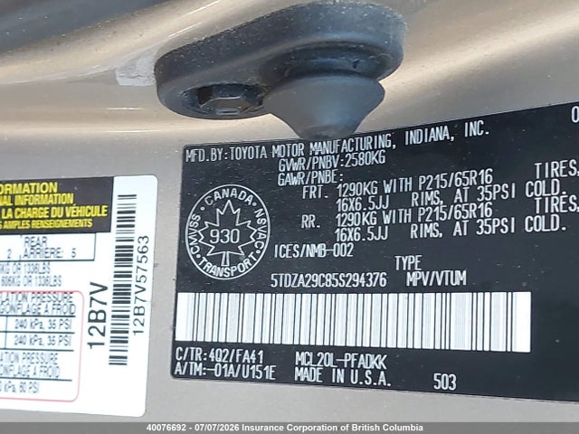 Продажа на аукционе авто 2005 Toyota Sienna Ce, vin: 5TDZA29C85S294376, номер лота: 40076692