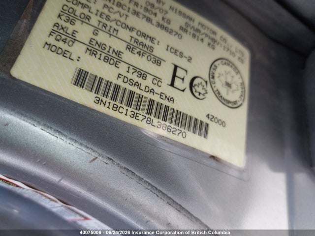 2008 Nissan Versa S/sl მანქანა იყიდება აუქციონზე, vin: 3N1BC13E78L386270, აუქციონის ნომერი: 40075006