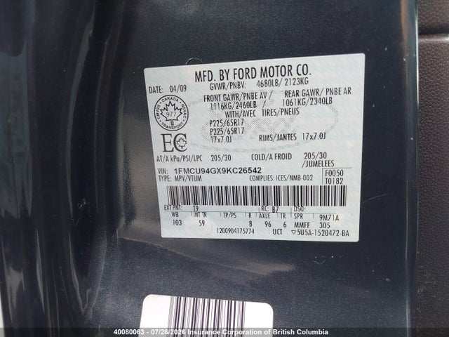 Продаж на аукціоні авто 2009 Ford Escape Limited, vin: 1FMCU94GX9KC26542, номер лоту: 40080063