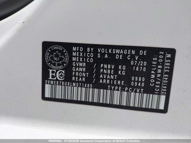Продаж на аукціоні авто 2020 Volkswagen Jetta, vin: 3VWEB7BU8LM071485, номер лоту: 40080064