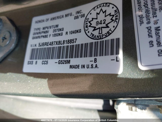 Aukcja sprzedaży 2008 Honda Cr-v Exl, vin: 5J6RE487X8L818857, numer aukcji: 40077678
