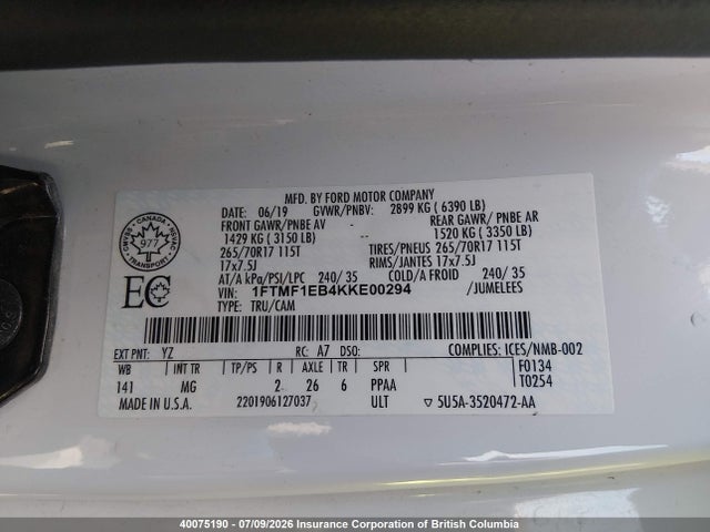 Ford F150 2019 1FTMF1EB4KKE00294 Image 9