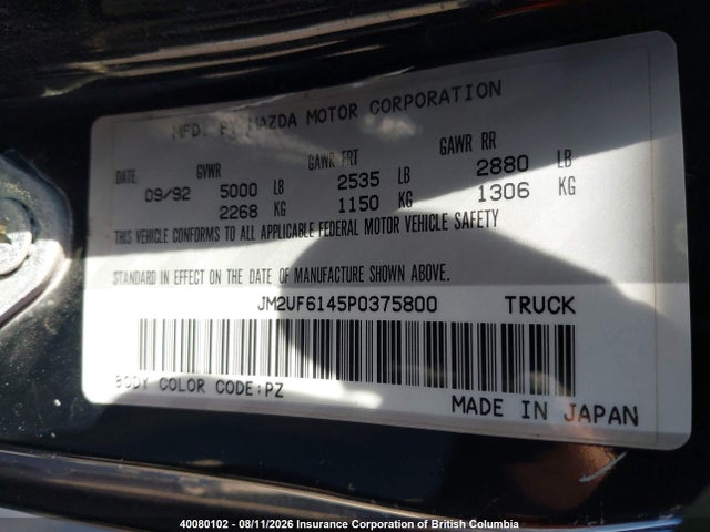 Aukcja sprzedaży 1993 Mazda B2600 Cab Plus, vin: JM2UF6145P0375800, numer aukcji: 40080102