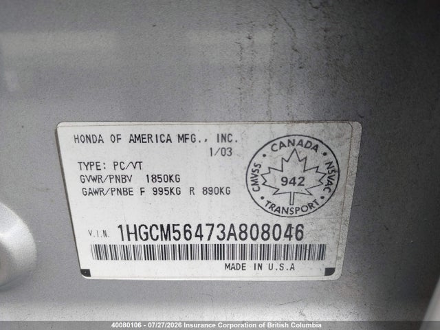 Продаж на аукціоні авто 2003 Honda Accord Lx, vin: 1HGCM56473A808046, номер лоту: 40080106