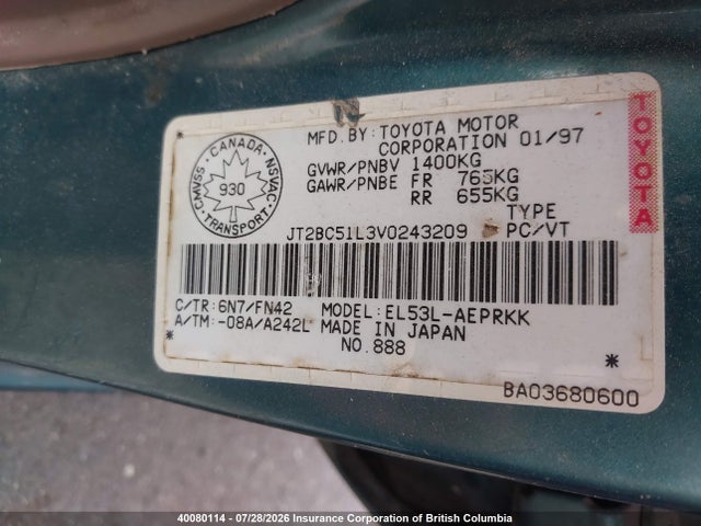 Aukcja sprzedaży 1997 Toyota Tercel Ce, vin: JT2BC51L3V0243209, numer aukcji: 40080114