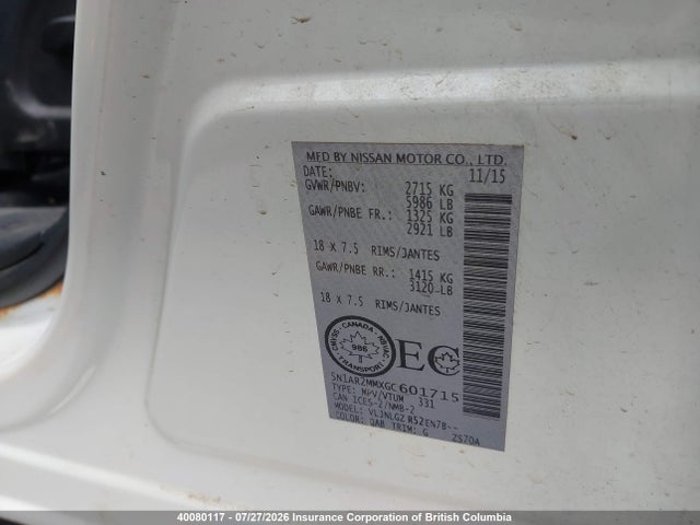 40080117 :رقم المزاد ، 5N1AR2MMXGC601715 vin ، 2016 Nissan Pathfinder S/sv/sl/platinum مزاد بيع