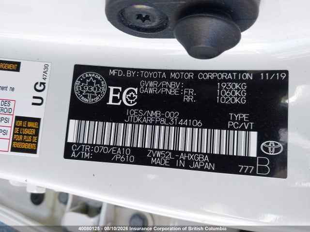 Toyota Prius 2020 JTDKARFP8L3144106 Image 9
