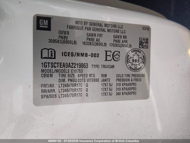 40080130 :رقم المزاد ، 1GTSCTEA9AZ219863 vin ، 2010 Gmc Sierra 1500 Wt مزاد بيع