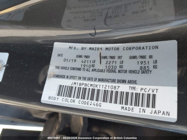 Aukcja sprzedaży 2019 Mazda 3 Preferred Plus, vin: JM1BPBCM0K1121087, numer aukcji: 40070897