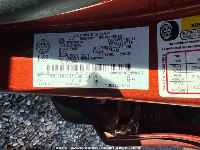 Продаж на аукціоні авто 2020 Ford Escape Sel, vin: 1FMCU9H65LUA42591, номер лоту: 40080151