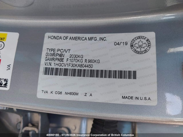 1HGCV1F30KA804450 Honda Accord Sport