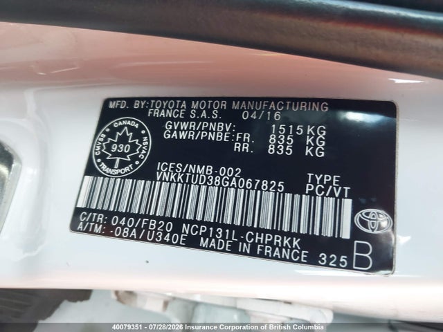 Продаж на аукціоні авто 2016 Toyota Yaris L/le/se, vin: VNKKTUD38GA067825, номер лоту: 40079351