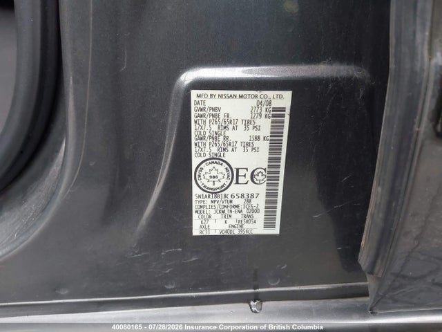 Aukcja sprzedaży 2008 Nissan Pathfinder S/le/se, vin: 5N1AR18B18C658387, numer aukcji: 40080165