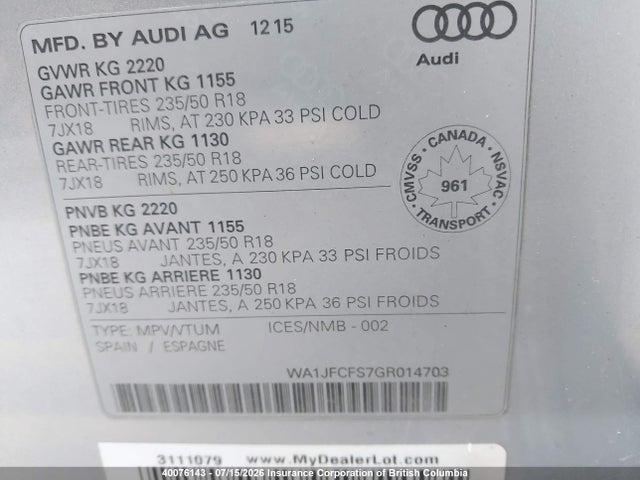 Aukcja sprzedaży 2016 Audi Q3 2.0t Progressiv, vin: WA1JFCFS7GR014703, numer aukcji: 40076143