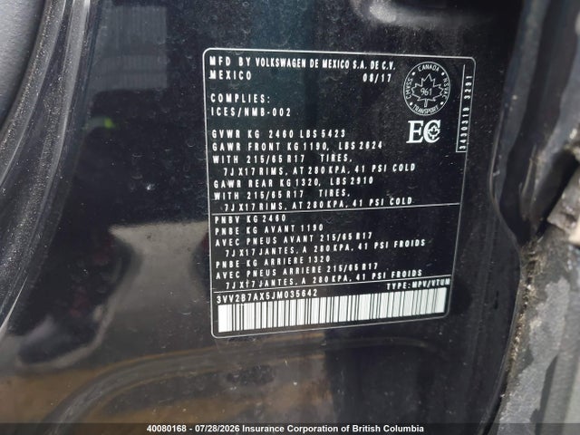 Aukcja sprzedaży 2018 Volkswagen Tiguan Comfortline, vin: 3VV2B7AX5JM035642, numer aukcji: 40080168