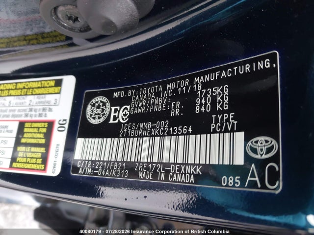 40080179 :رقم المزاد ، 2T1BURHEXKC213564 vin ، 2019 Toyota Corolla L/le/xle/se/xse مزاد بيع