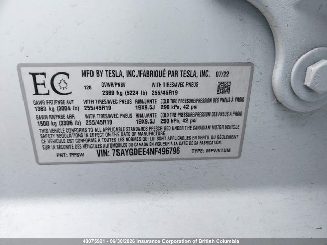 40075921 :رقم المزاد ، 7SAYGDEE4NF496796 vin ، 2022 Tesla Model Y مزاد بيع