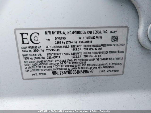 40075921 :رقم المزاد ، 7SAYGDEE4NF496796 vin ، 2022 Tesla Model Y مزاد بيع
