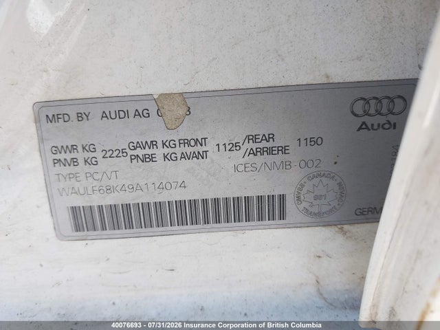 2009 Audi A4 2.0t Quattro მანქანა იყიდება აუქციონზე, vin: WAULF68K49A114074, აუქციონის ნომერი: 40076693