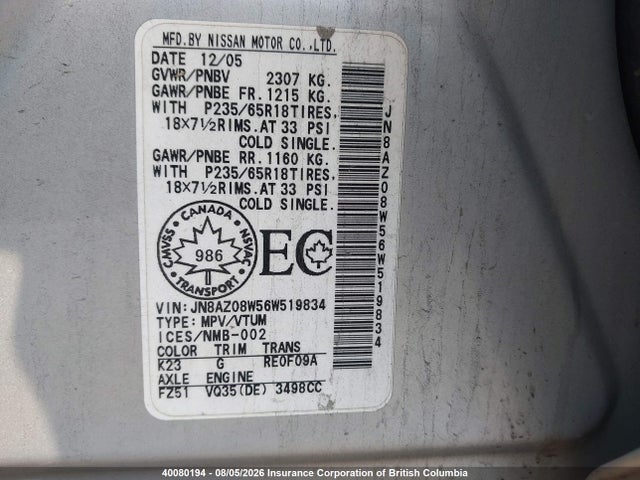 40080194 :رقم المزاد ، JN8AZ08W56W519834 vin ، 2006 Nissan Murano Sl/se/s مزاد بيع