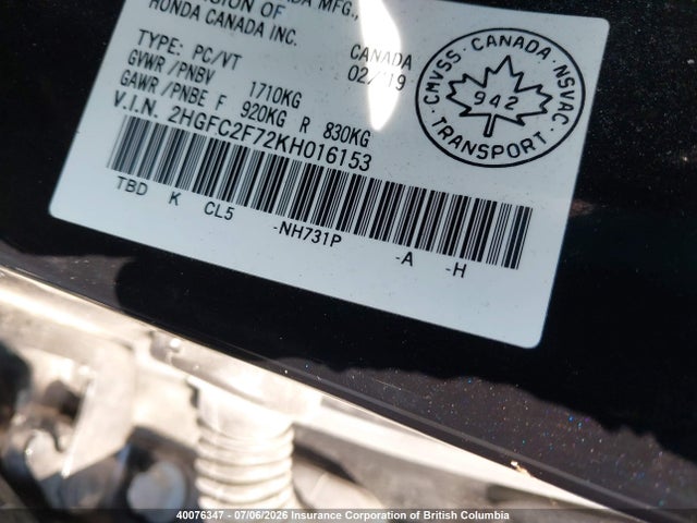 Продаж на аукціоні авто 2019 Honda Civic Ex, vin: 2HGFC2F72KH016153, номер лоту: 40076347