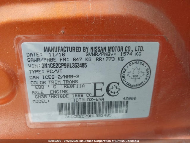 40080206 :رقم المزاد ، 3N1CE2CP9HL353485 vin ، 2017 Nissan Versa مزاد بيع