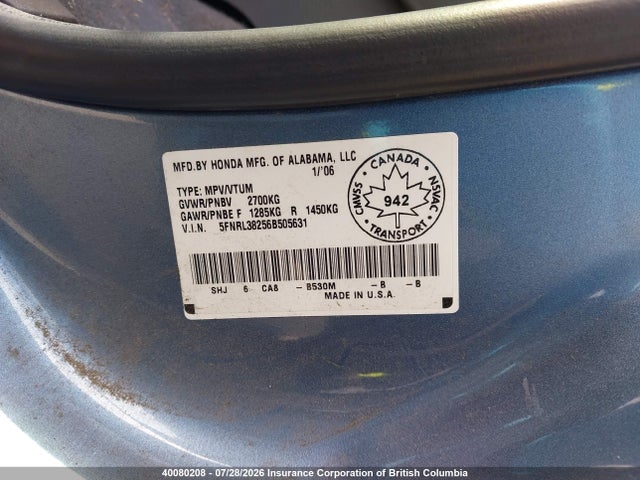 2006 Honda Odyssey Lx მანქანა იყიდება აუქციონზე, vin: 5FNRL38256B505631, აუქციონის ნომერი: 40080208