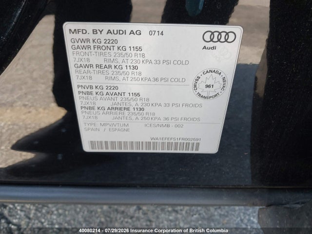 40080214 :رقم المزاد ، WA1EFEFS1FR002591 vin ، 2015 Audi Q3 مزاد بيع