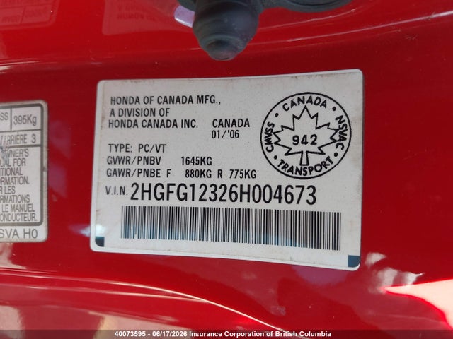 Продажа на аукционе авто 2006 Honda Civic Dx Vp, vin: 2HGFG12326H004673, номер лота: 40073595