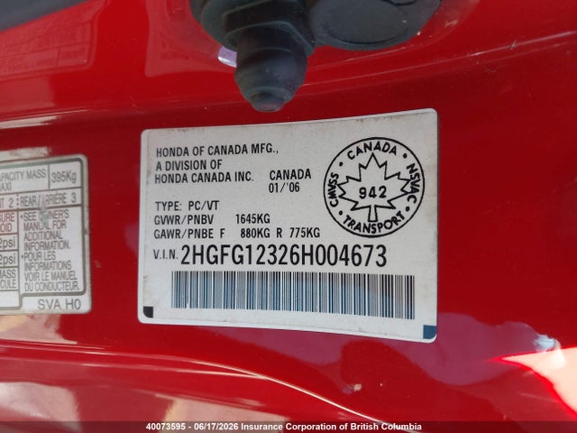 Продажа на аукционе авто 2006 Honda Civic Dx Vp, vin: 2HGFG12326H004673, номер лота: 40073595